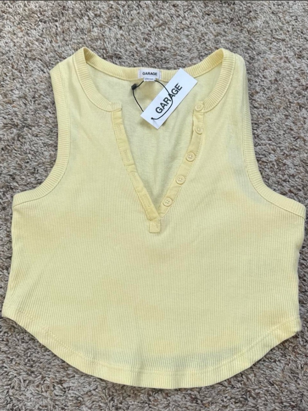 Garage Yellow Ribbed V-Neck Button Tank